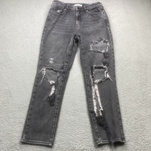 PacSun Jeans Womens 27 Black‎ Denim High Rise Mom Black Thrashed Distressed - Picture 1 of 15